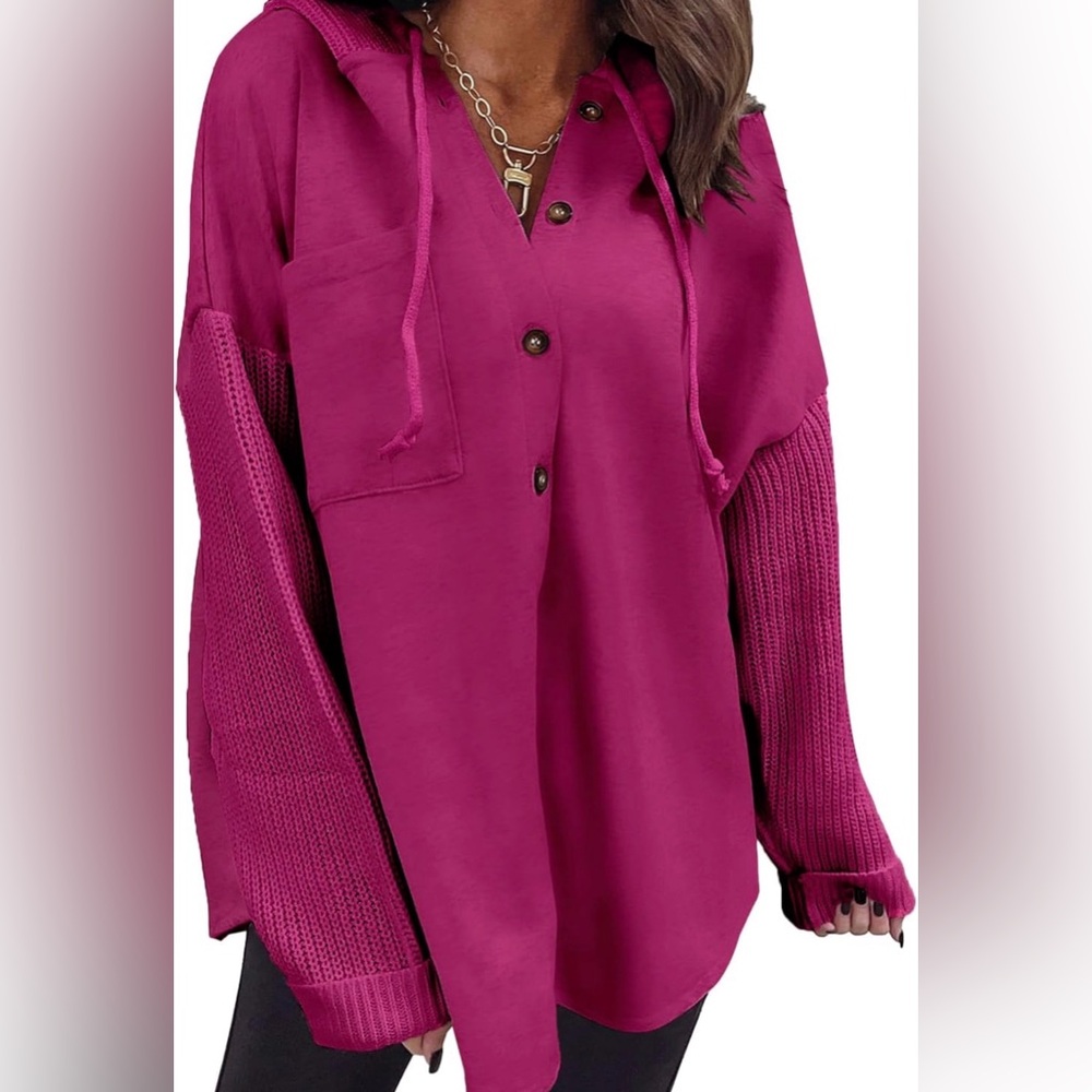 Hot Pink Button-Down Knit Hoodie w/ Mixed Textures – M